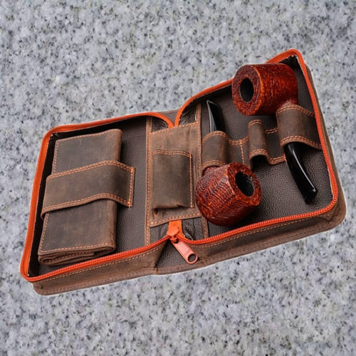 Eric Stokkebye: 4TH GENERATION LEATHER 3 PIPE COMBO POUCH - HUNTER BROWN